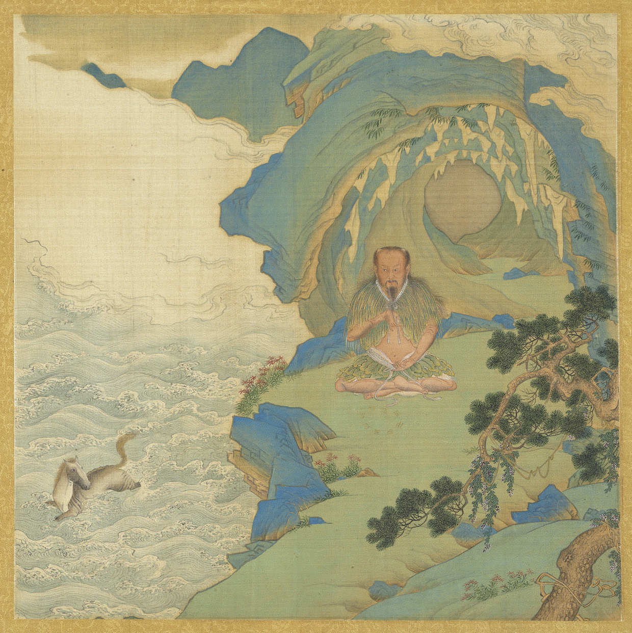 明代仇英所绘伏羲像,伏羲坐在水边,龙马负图出水,面前摆有八卦
