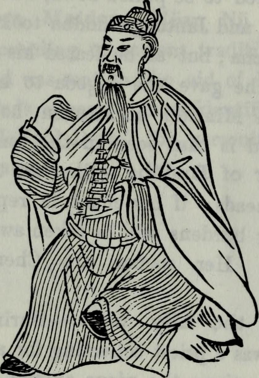 十九世纪英文著作中的托塔李天王线描像,李靖身穿长袍并手托宝塔